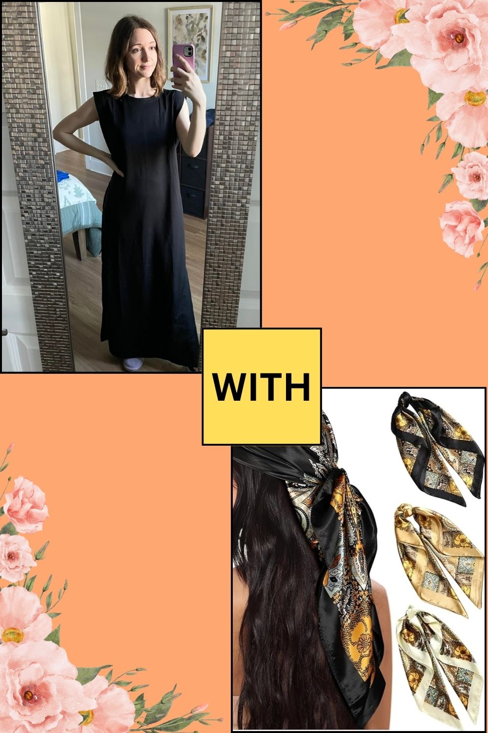 black maxi dress Accessorized with a Silk Scarf in Hair