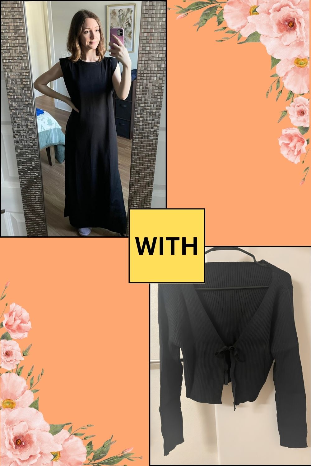 black maxi dress Layered with a Cropped Pastel Cardigan