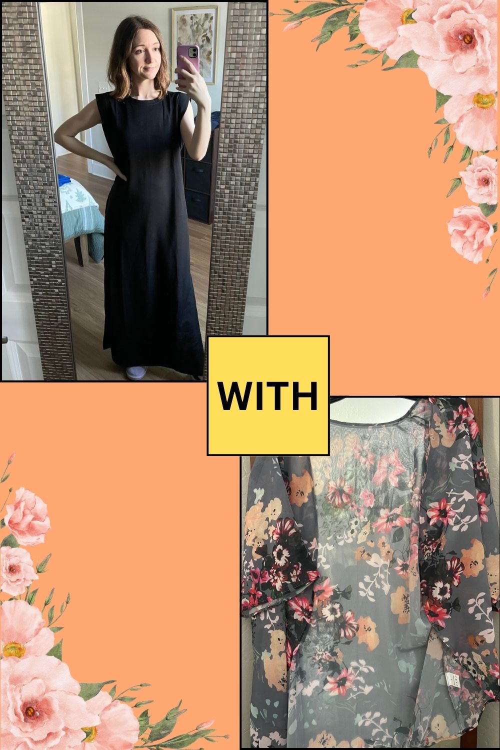black maxi dress With a Light Floral Kimono